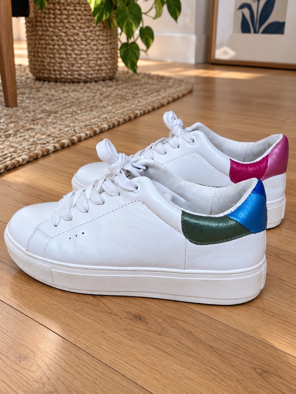 White Platform Sneakers with Perlescent Colors Heel Accents